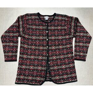 Vtg SKYR Womens Cardigan L Red Fair Isle Sweater Button Crew Knit Wool Long